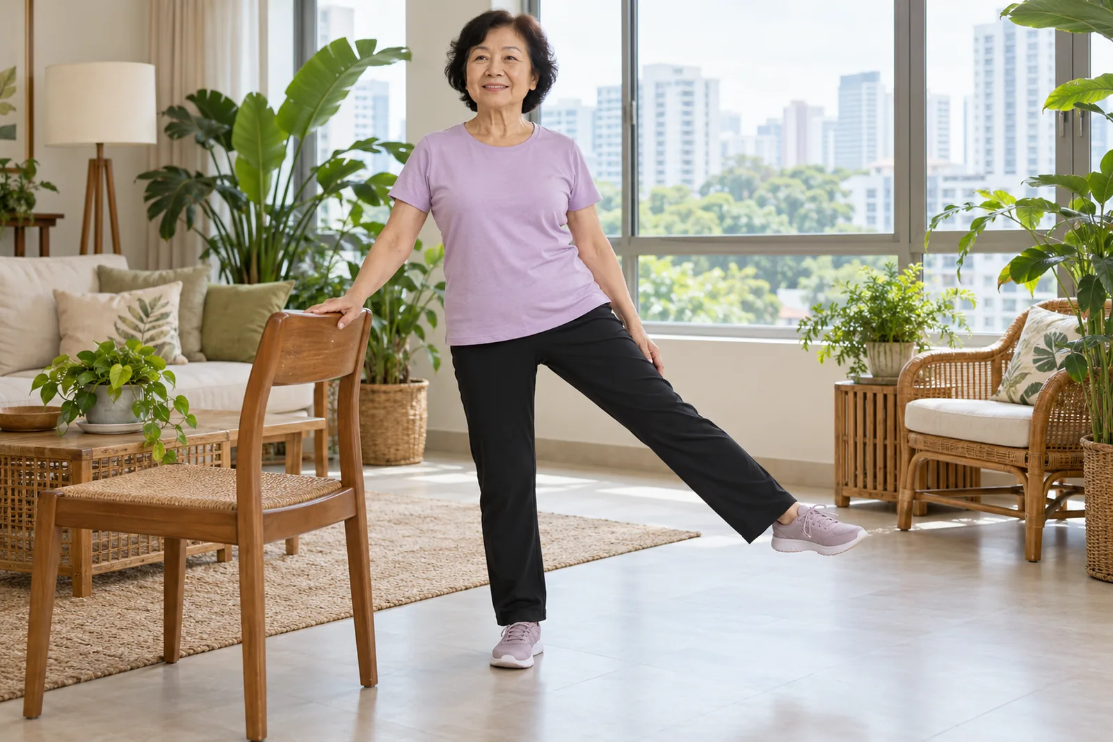 A woman performs a gentle standing leg lift beside a wooden chair in a bright living room.