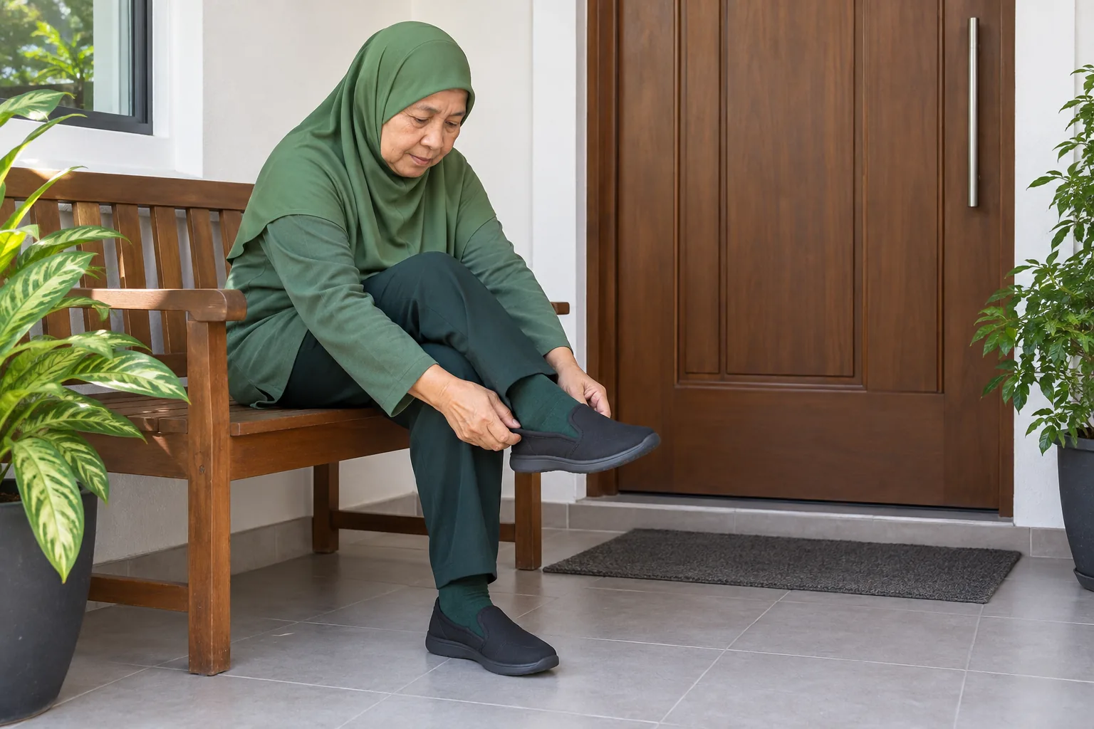A woman sits at her front door and puts on a shoe with one leg crossed over the other.