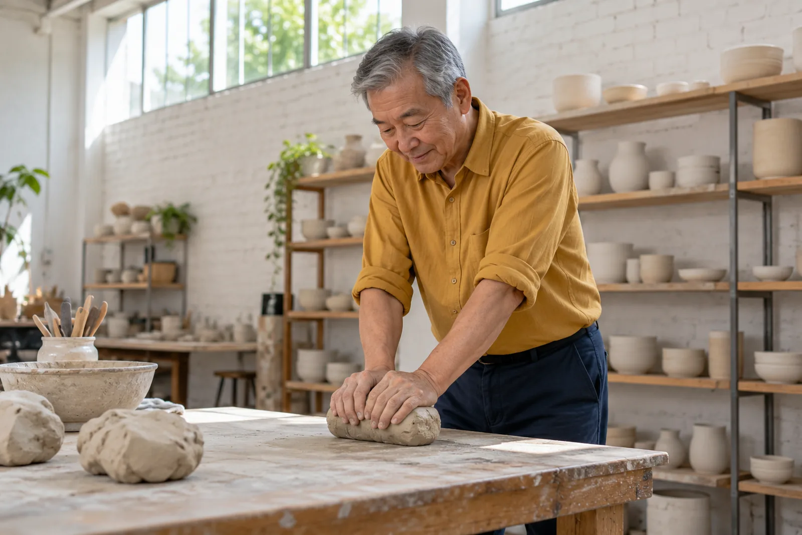 A man presses a lump of clay with both hands at a work table in a bright pottery studio.