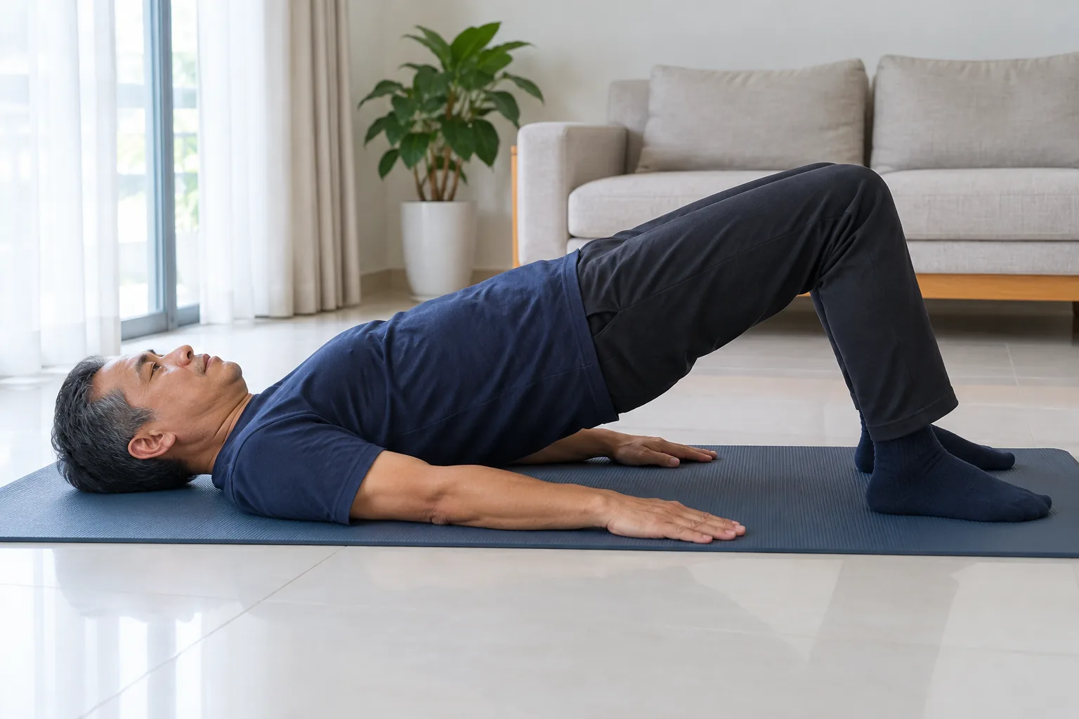 A man lies on an exercise mat with his knees bent and raises his hips into a bridge.