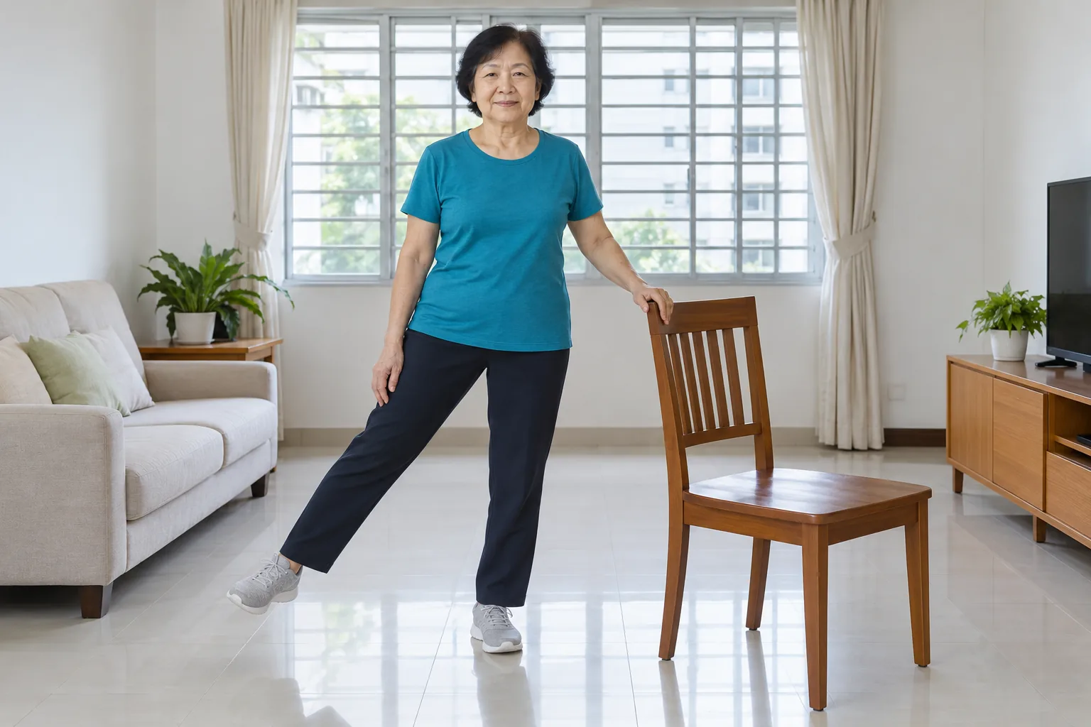 A woman stands beside a wooden chair and lifts one straight leg out to the side.