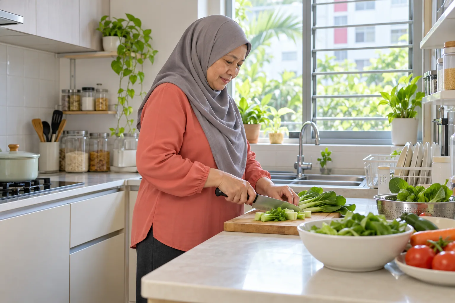 A Malay woman prepares vegetables at a comfortable counter in a bright HDB kitchen.