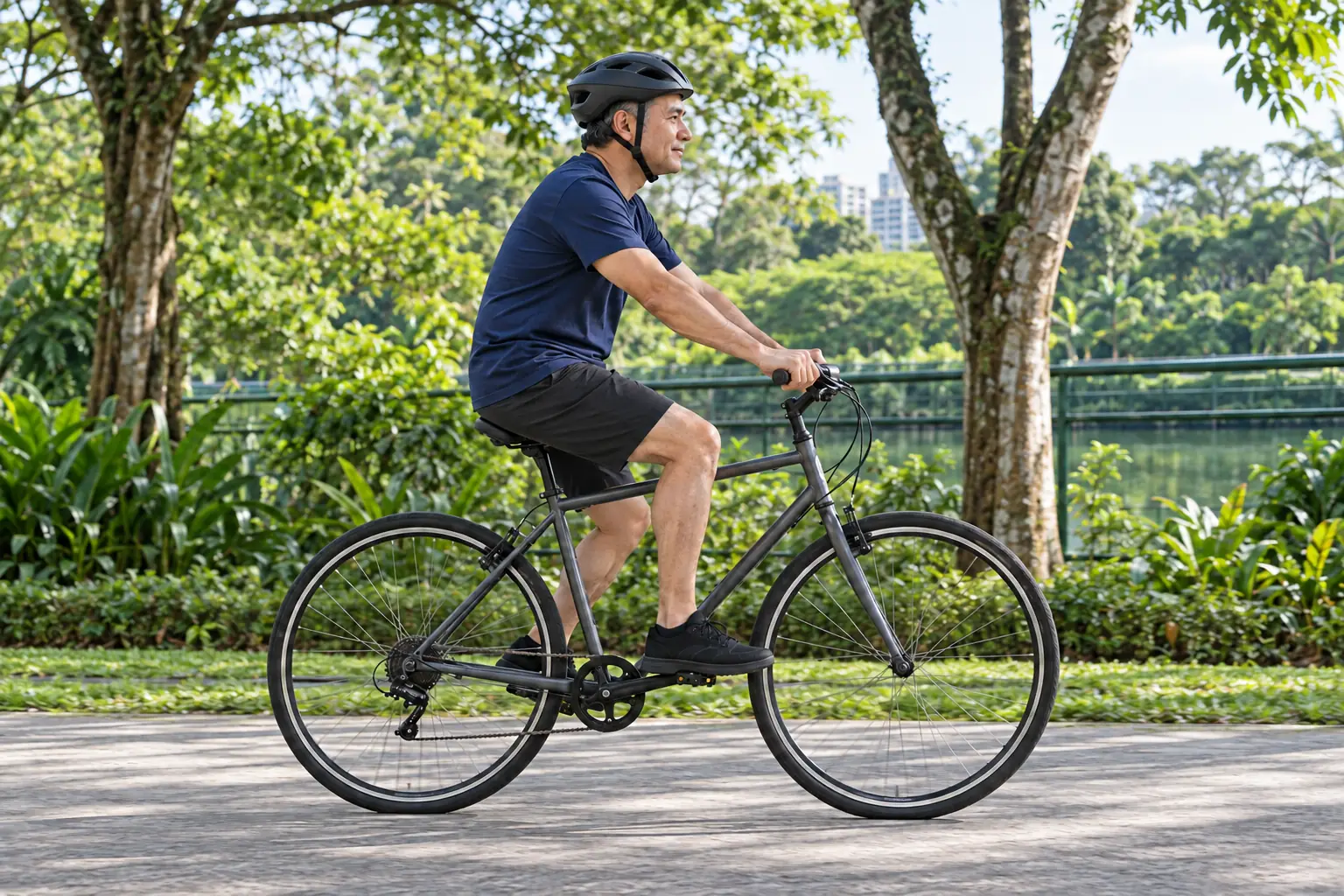 A helmeted Eurasian man cycles at an easy pace along a tropical Singapore park connector.