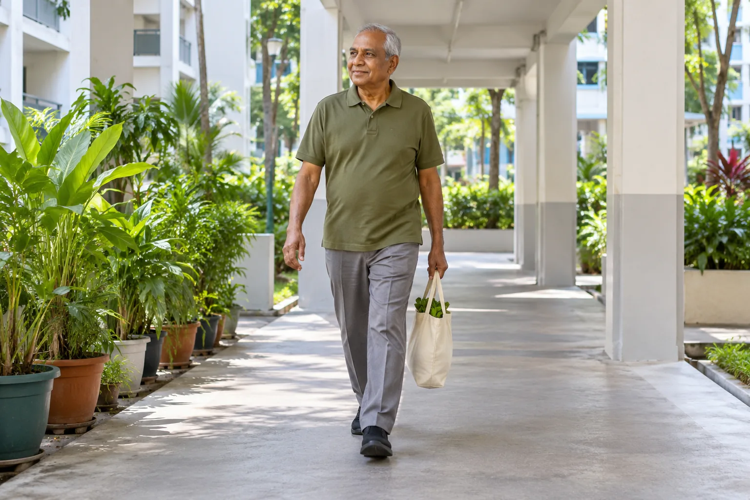 An older Indian man carries a small grocery bag along a bright covered HDB walkway.