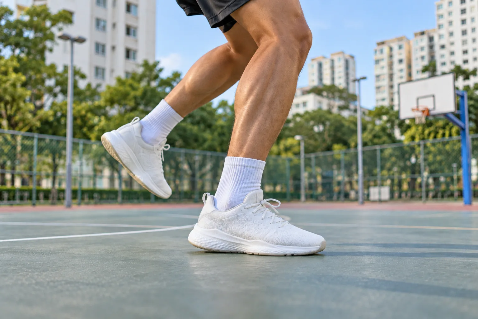 A basketball player's shoe meets an outdoor court while landing from a jump at dusk.