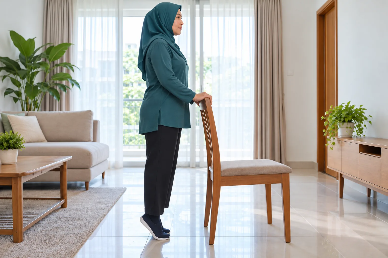 A woman holds the back of a wooden chair and rises onto her toes with both heels lifted.