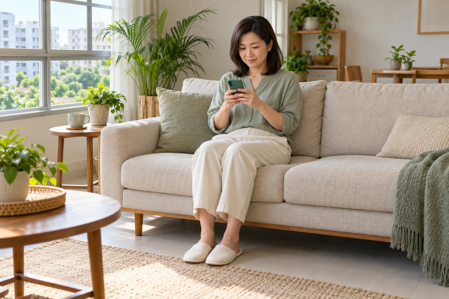 A Chinese woman sits comfortably at home and types a message on her phone in the morning light.