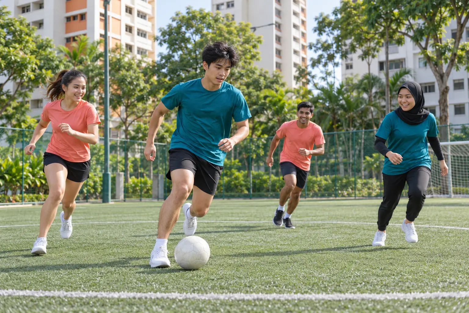 Four young adults enjoy a friendly football game on a neighbourhood pitch beside Singapore flats.