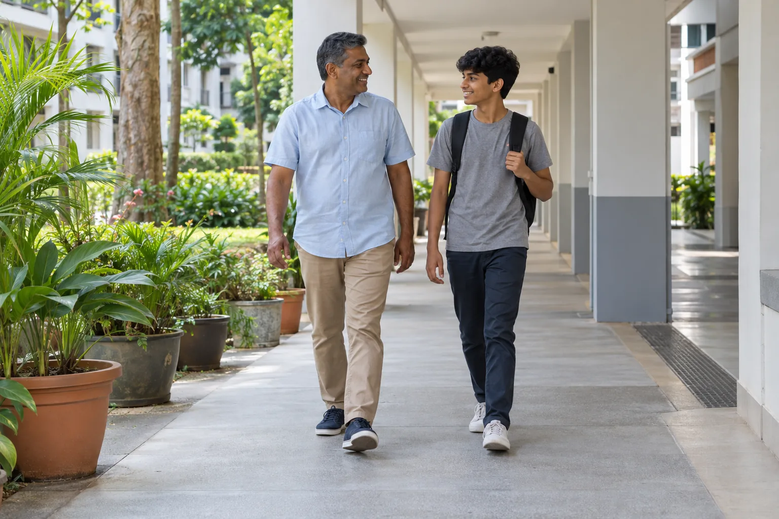 An Indian father and his teenage son walk together along a planted, covered neighbourhood walkway.