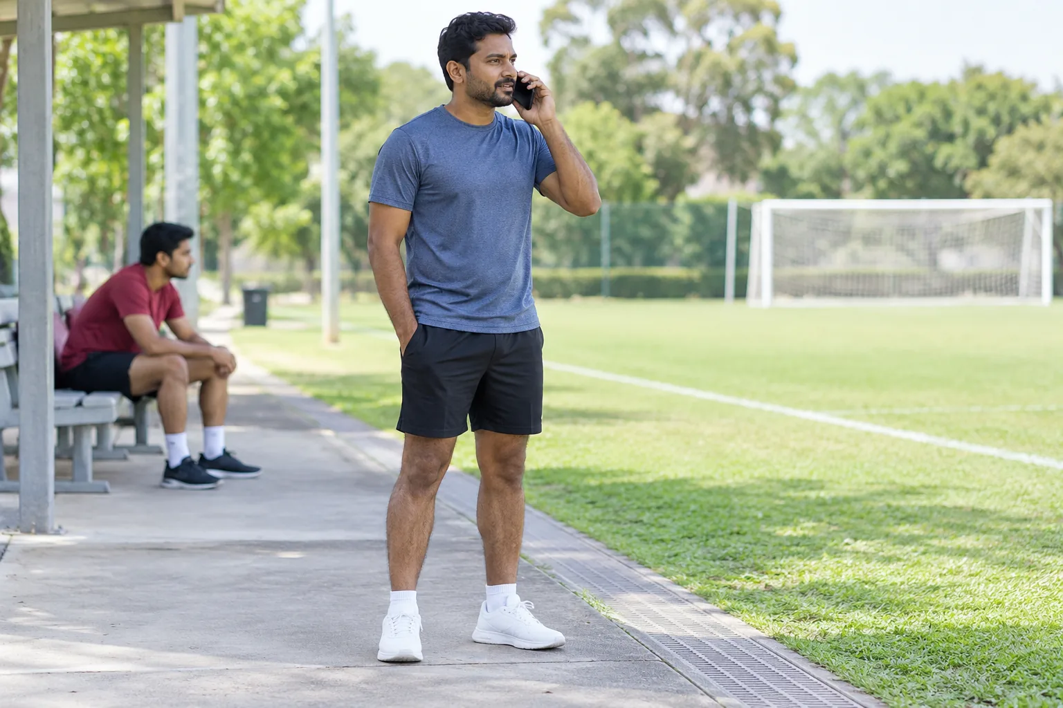 A man speaks on a phone beside a sports field with a teammate seated on a bench behind him.