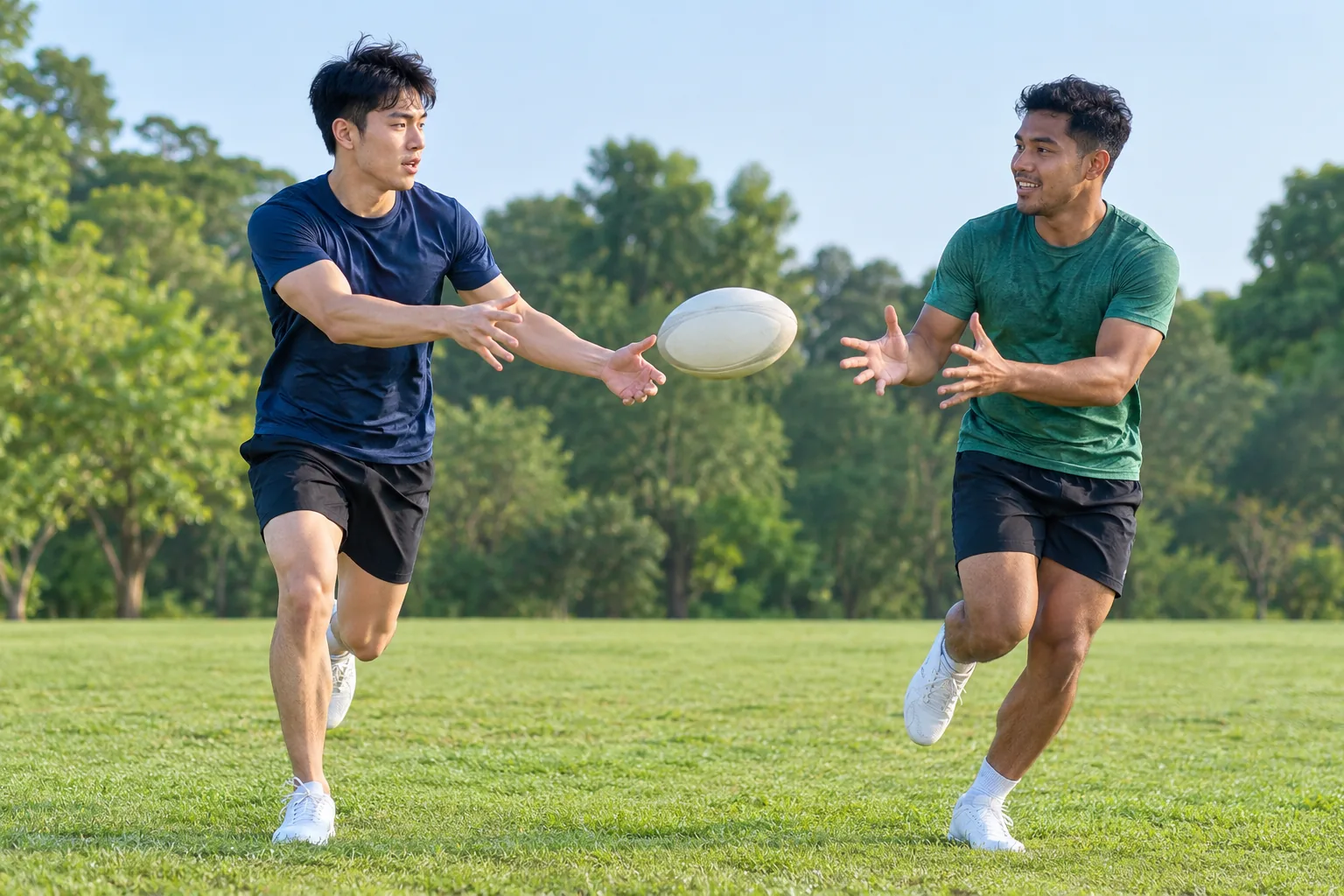 Two young men run across a grass field while passing a rugby ball sideways.