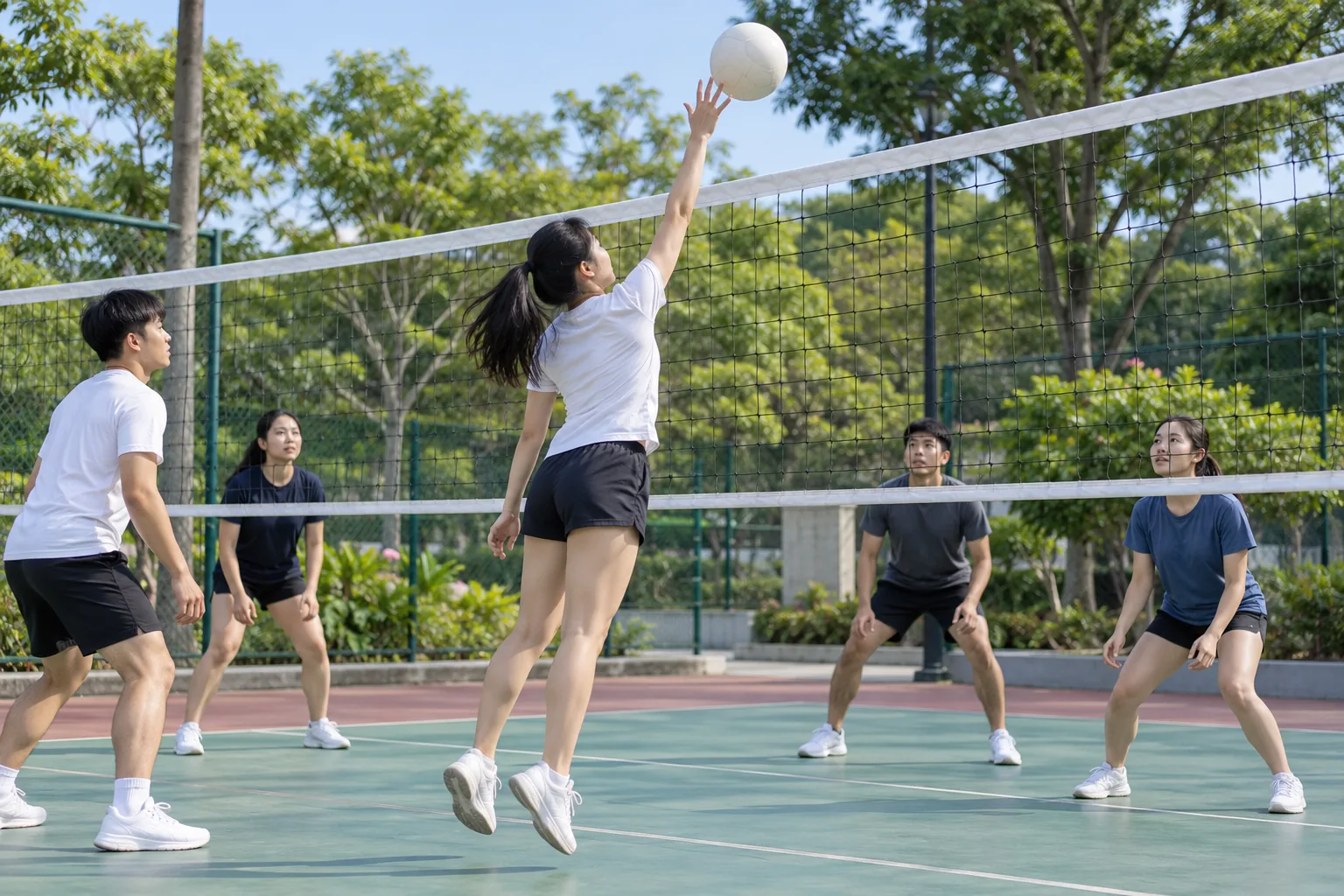A young woman reaches up with one straight arm to return a volleyball over an outdoor court net.
