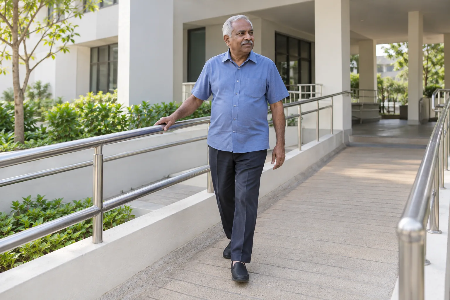 A man walks down a gentle ramp with one hand lightly resting on the rail.