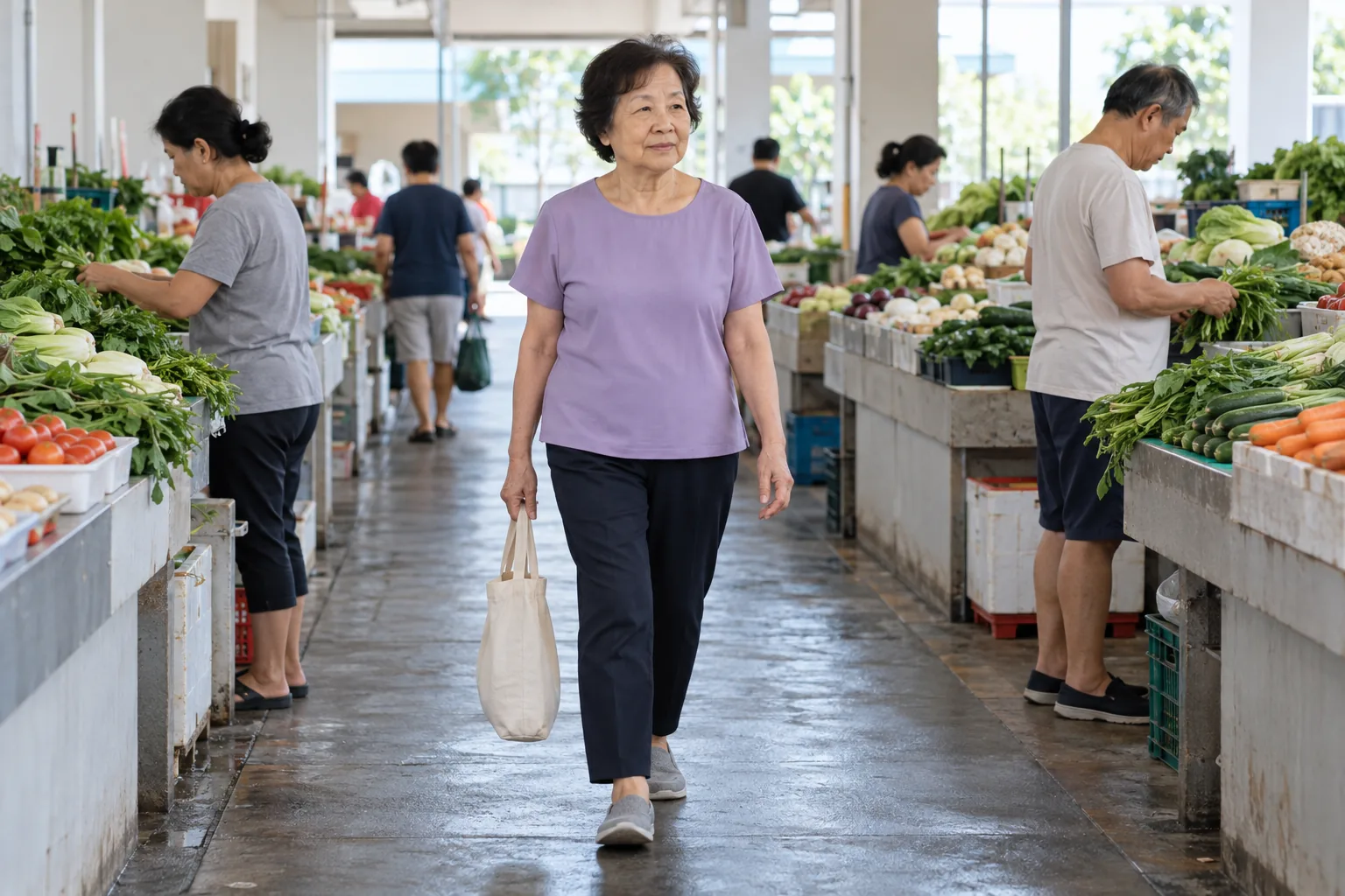 A woman carries a cloth bag through a covered market aisle.