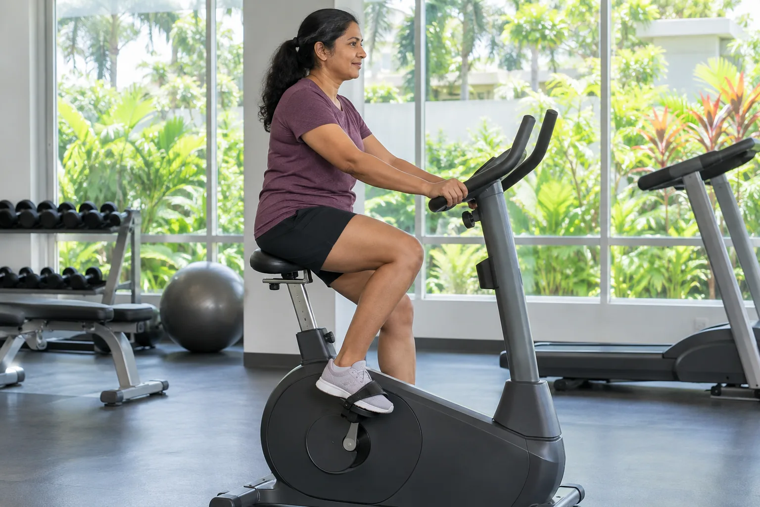 A woman pedals an upright exercise bicycle in a bright community gym.
