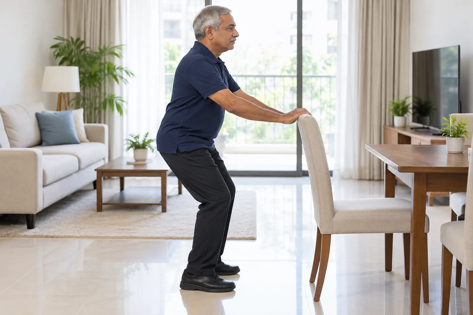 A man stands behind a dining chair and performs a shallow knee bend with his hands on its back.