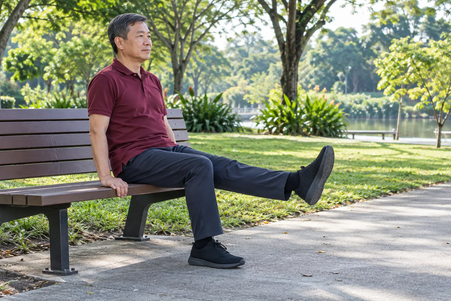 A man sits on a park bench and straightens one knee as an exercise.