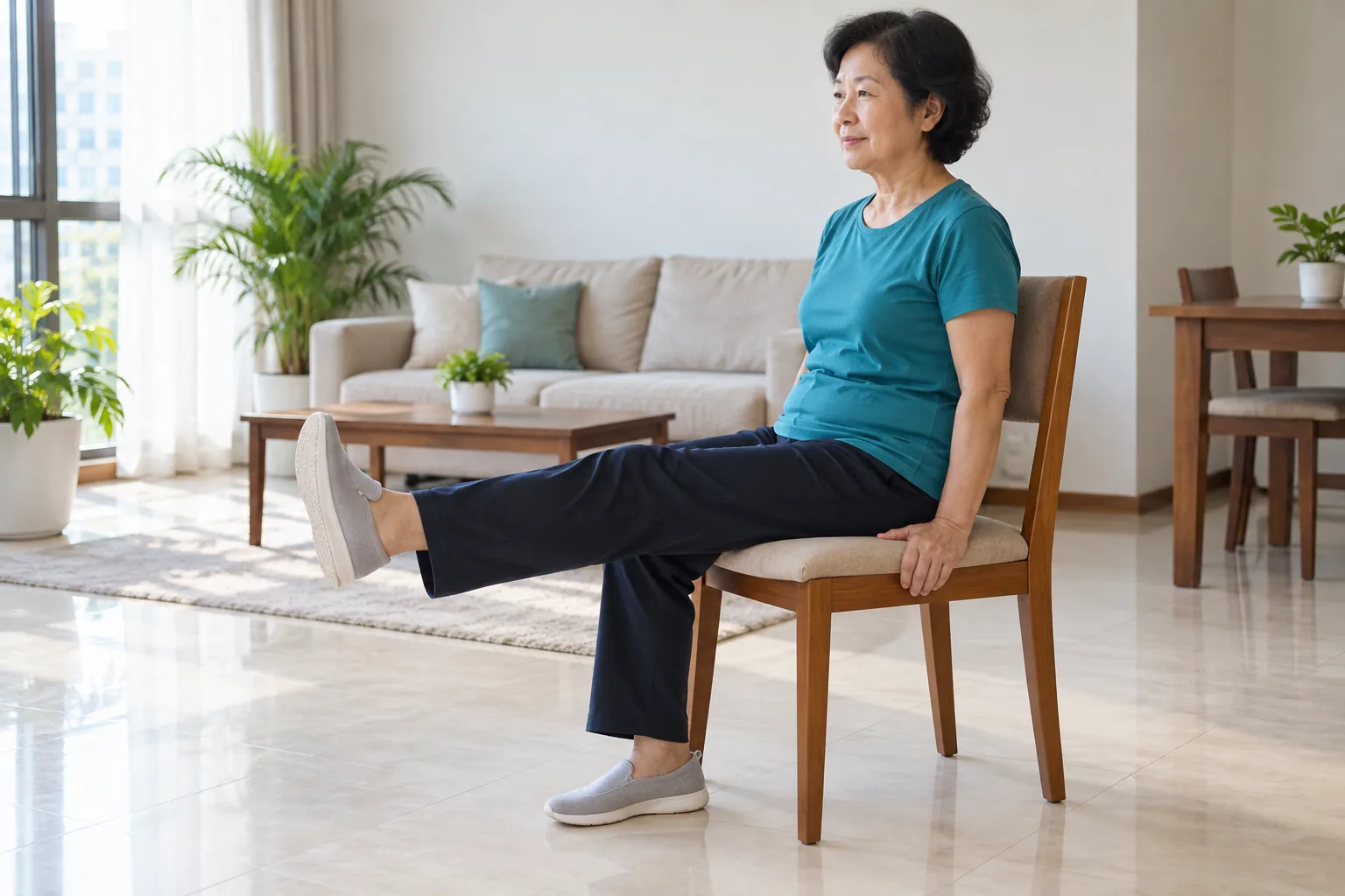 A woman sits on a firm chair and straightens one knee, holding her leg out level.