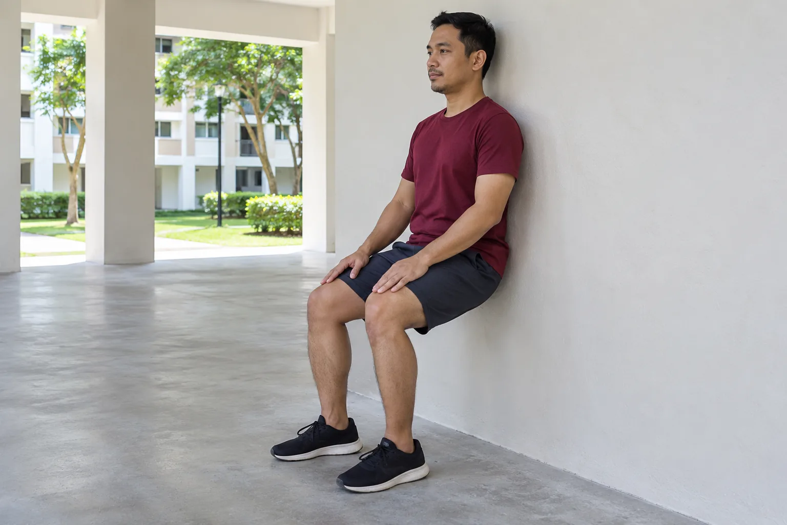 A man holds a shallow wall-sit against a wall at the open ground floor of a housing block.