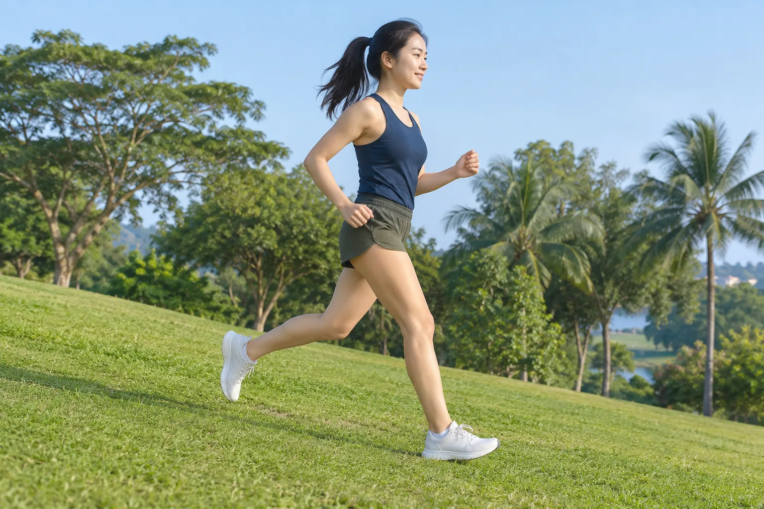 A young woman runs down a grassy slope with her leading leg reaching forward.
