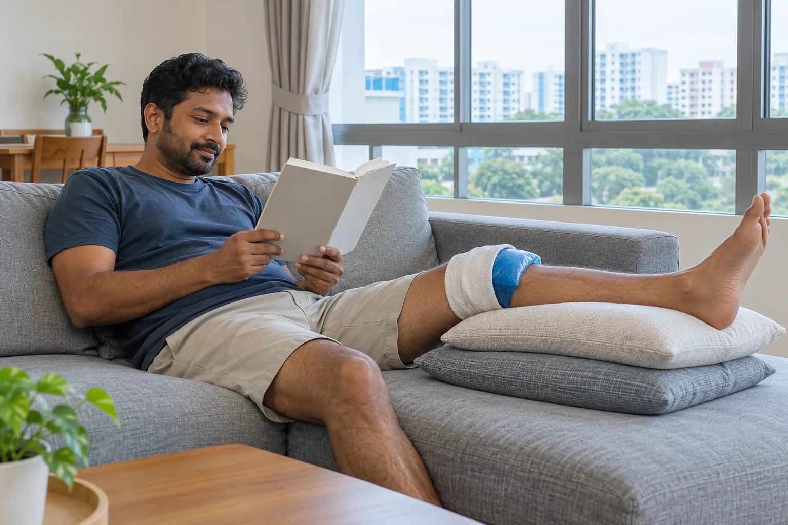 A man reads on a sofa with one leg raised on two cushions and a cloth-wrapped cold pack over his knee.