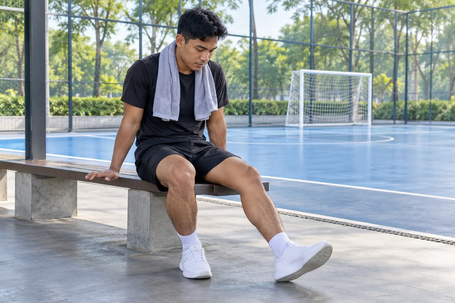 A young man sits beside a futsal court with one leg stretched out and looks down at his knee.