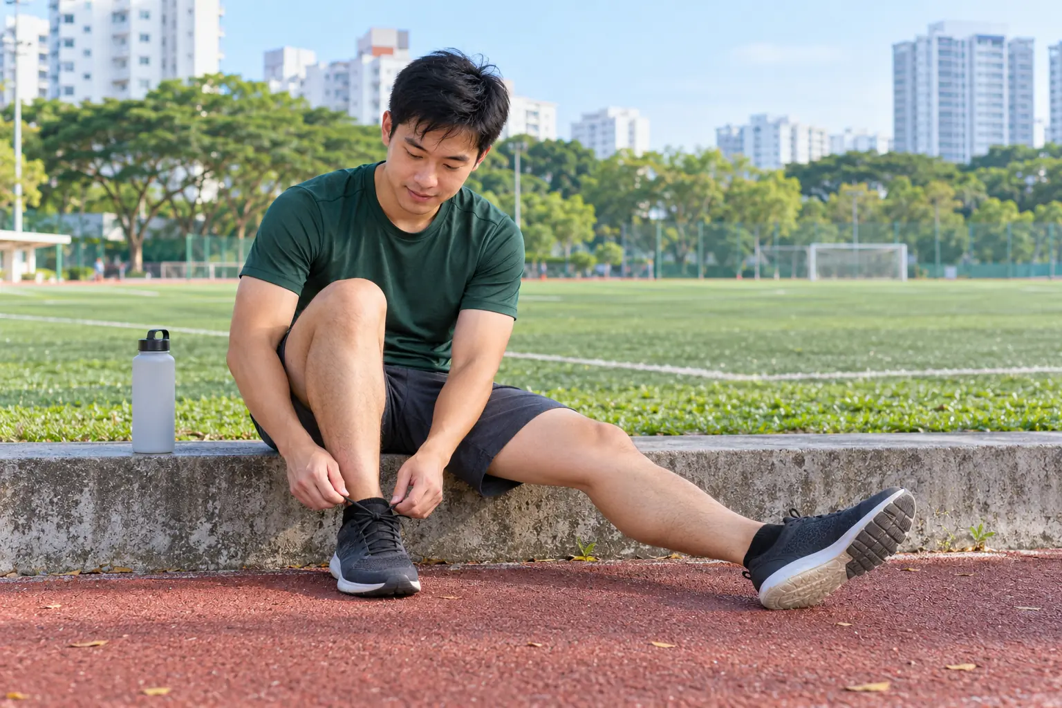 A man sits on a low wall beside a sports field and loosens one shoe while his other leg rests outstretched.