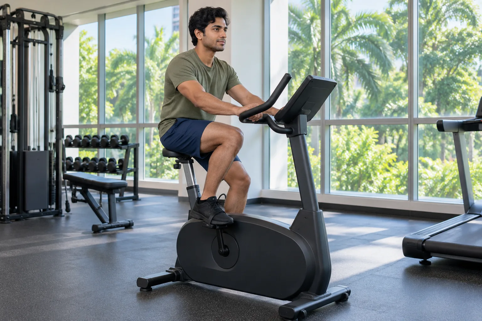An Indian man pedals a stationary bicycle in a bright community gym.