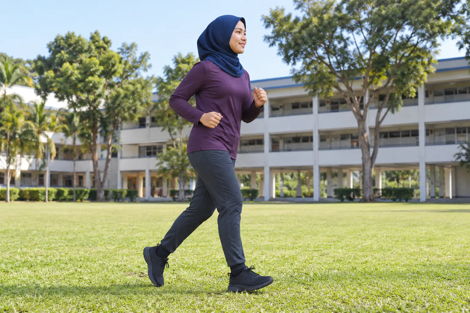 A Malay woman in modest sportswear jogs slowly across a school field.