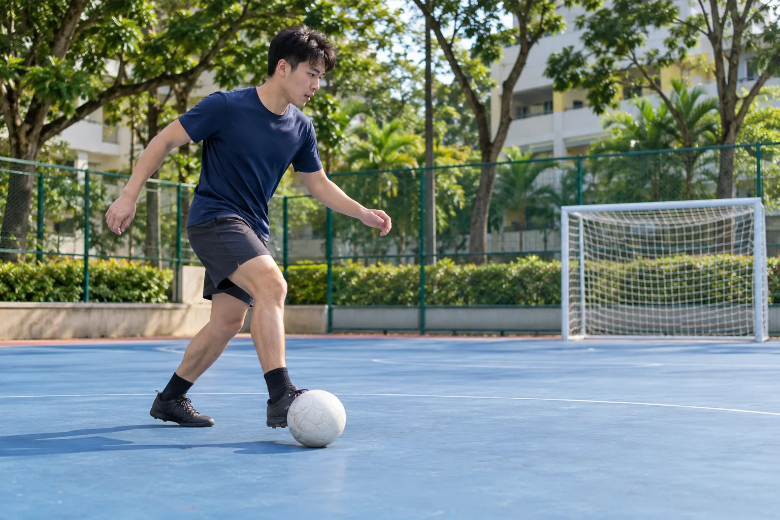 A Chinese man plays recreational football on a futsal court.