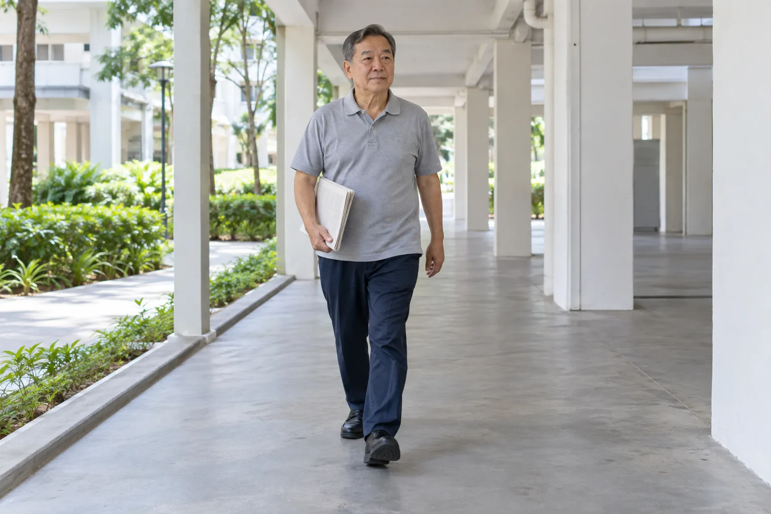 A man walks along a covered walkway carrying a folded newspaper under one arm.