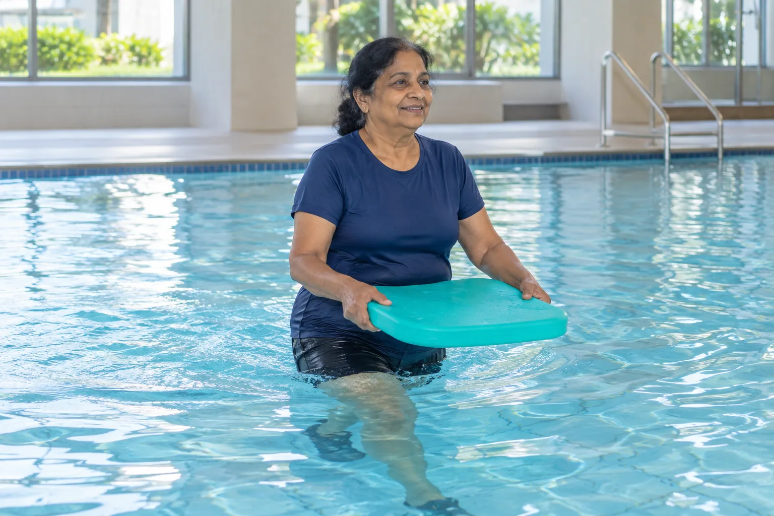A woman walks in the shallow end of an indoor pool holding a foam float.