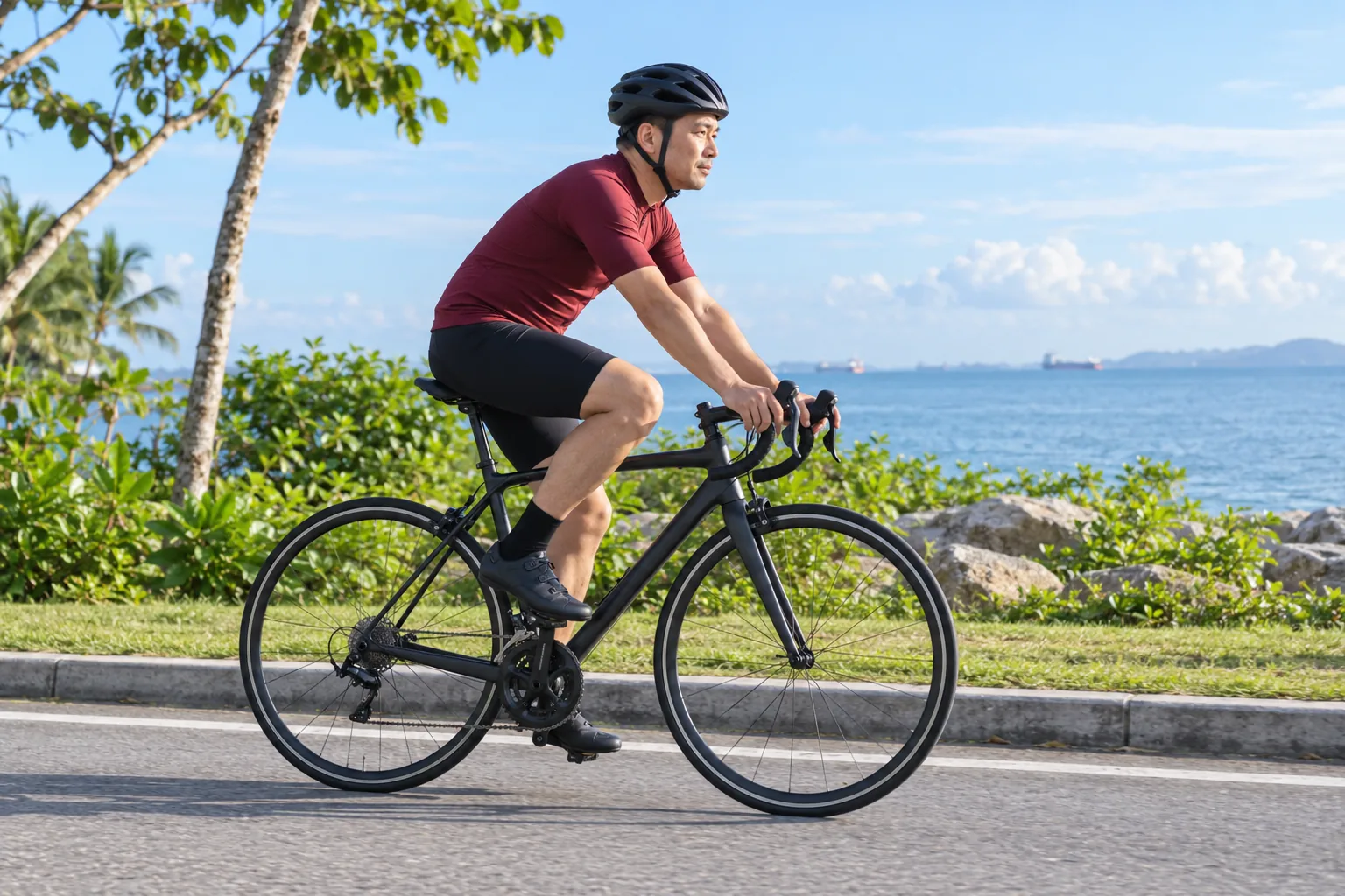 A Chinese man rides a road bicycle along a quiet coastal road.