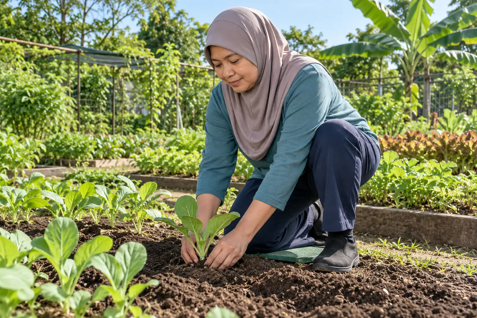 A Malay woman kneels to plant seedlings at a community farm.