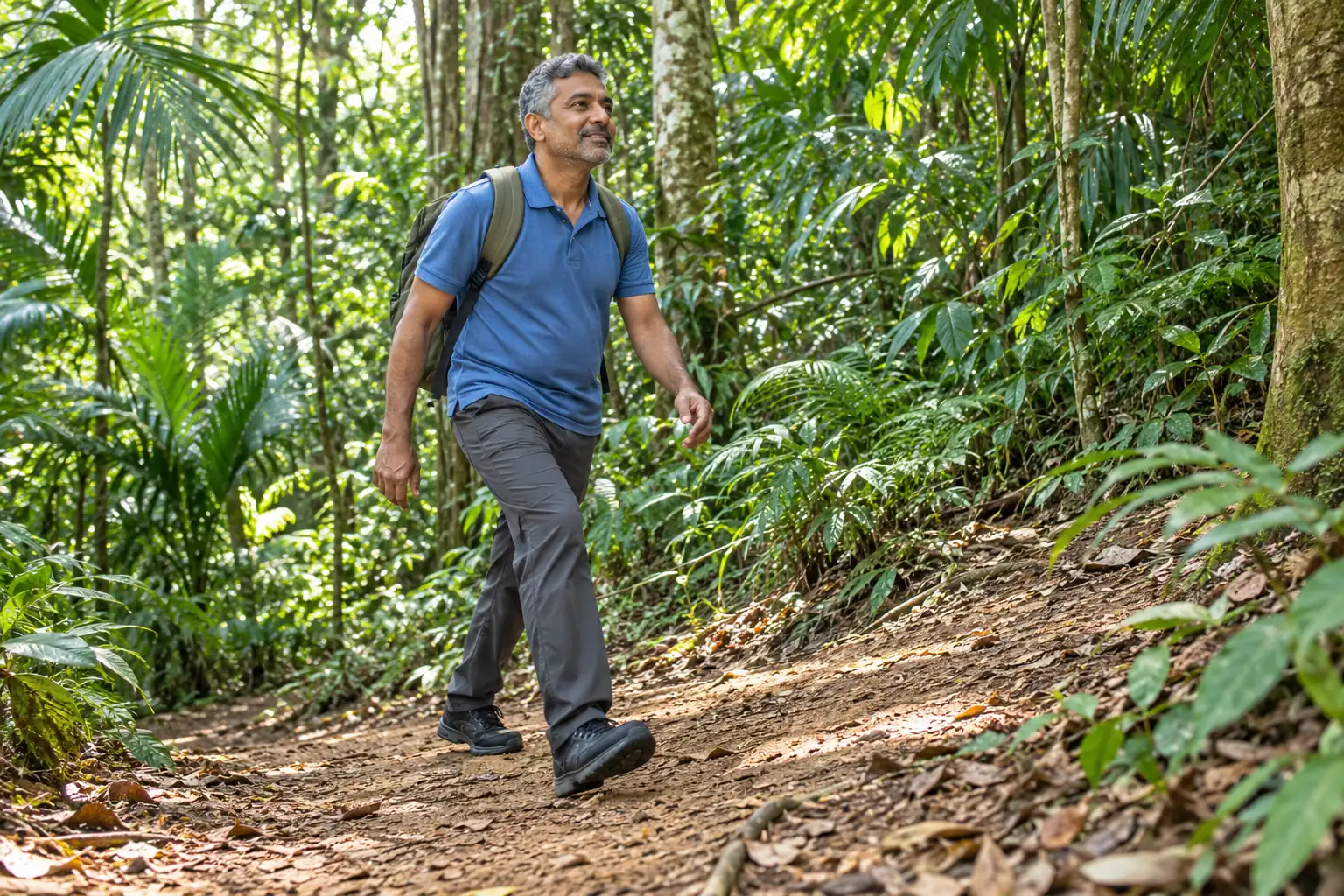 An Indian man hikes a gentle tropical nature trail.
