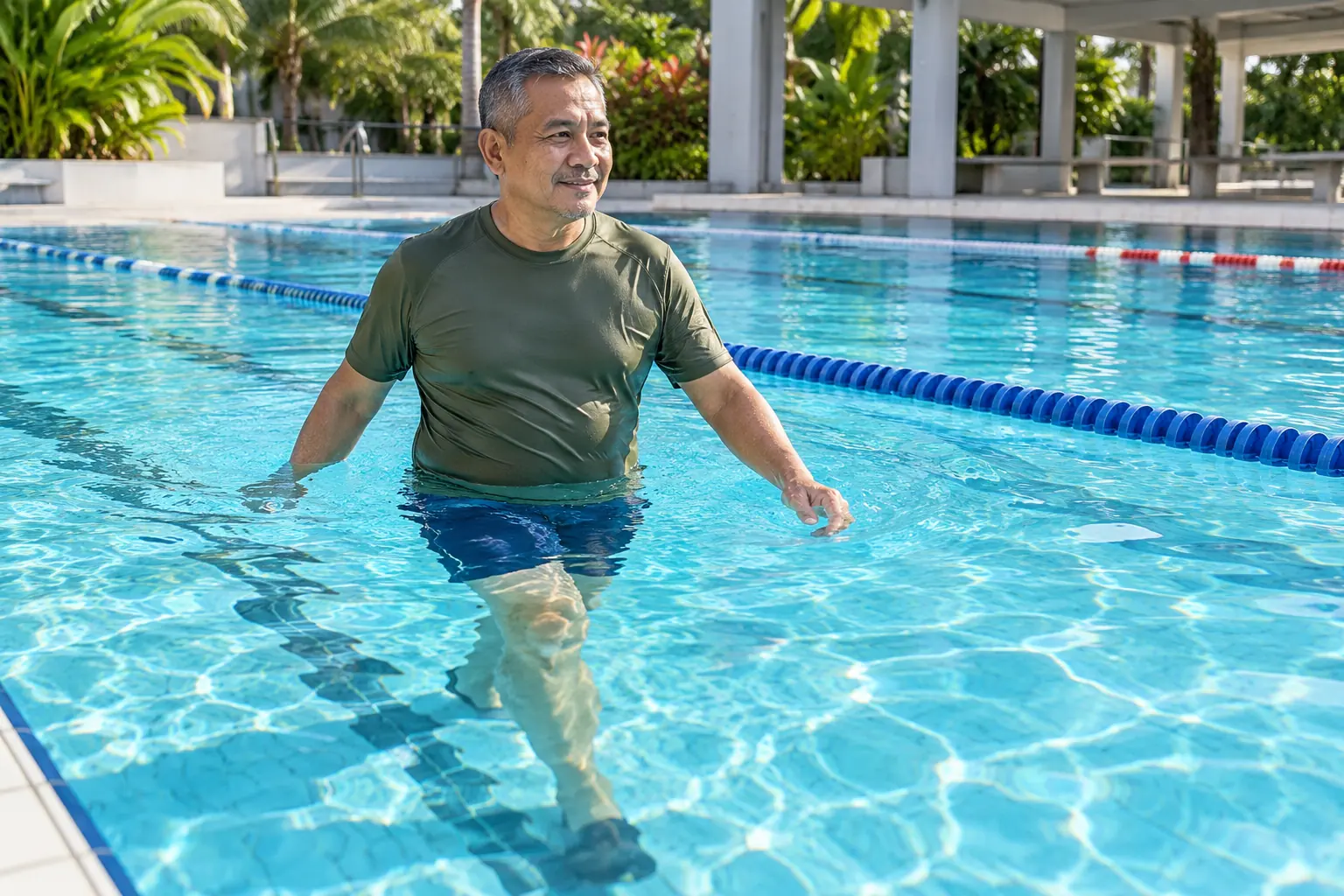 A Malay man walks through a shallow lane of a public pool.