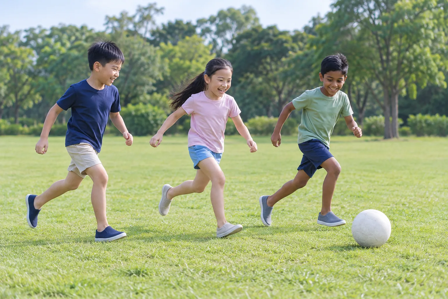 Three children run across a grass field after a ball.