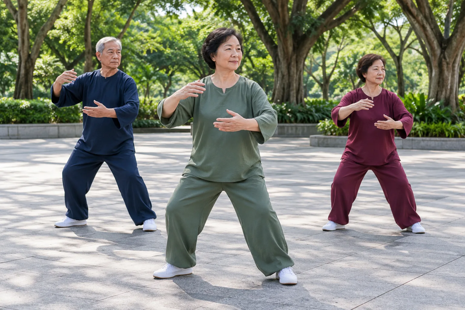 Three older adults practise tai chi together on a paved square under trees with their knees softly bent.