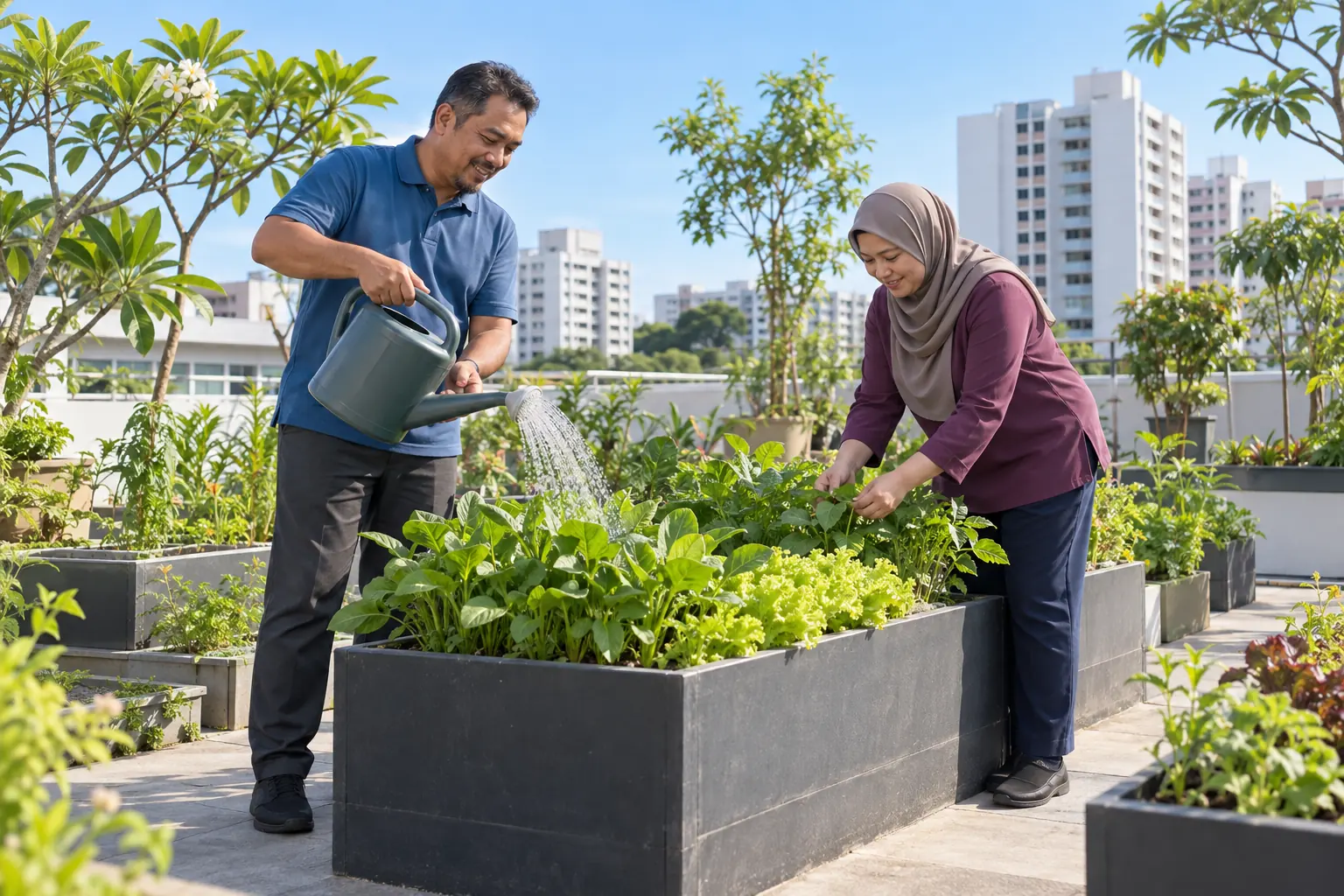 A Malay couple waters vegetables in an HDB rooftop community garden.