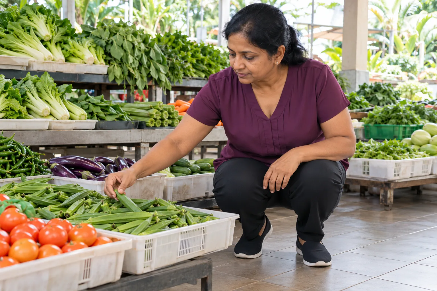 An Indian woman squats to choose vegetables at a wet-market stall.