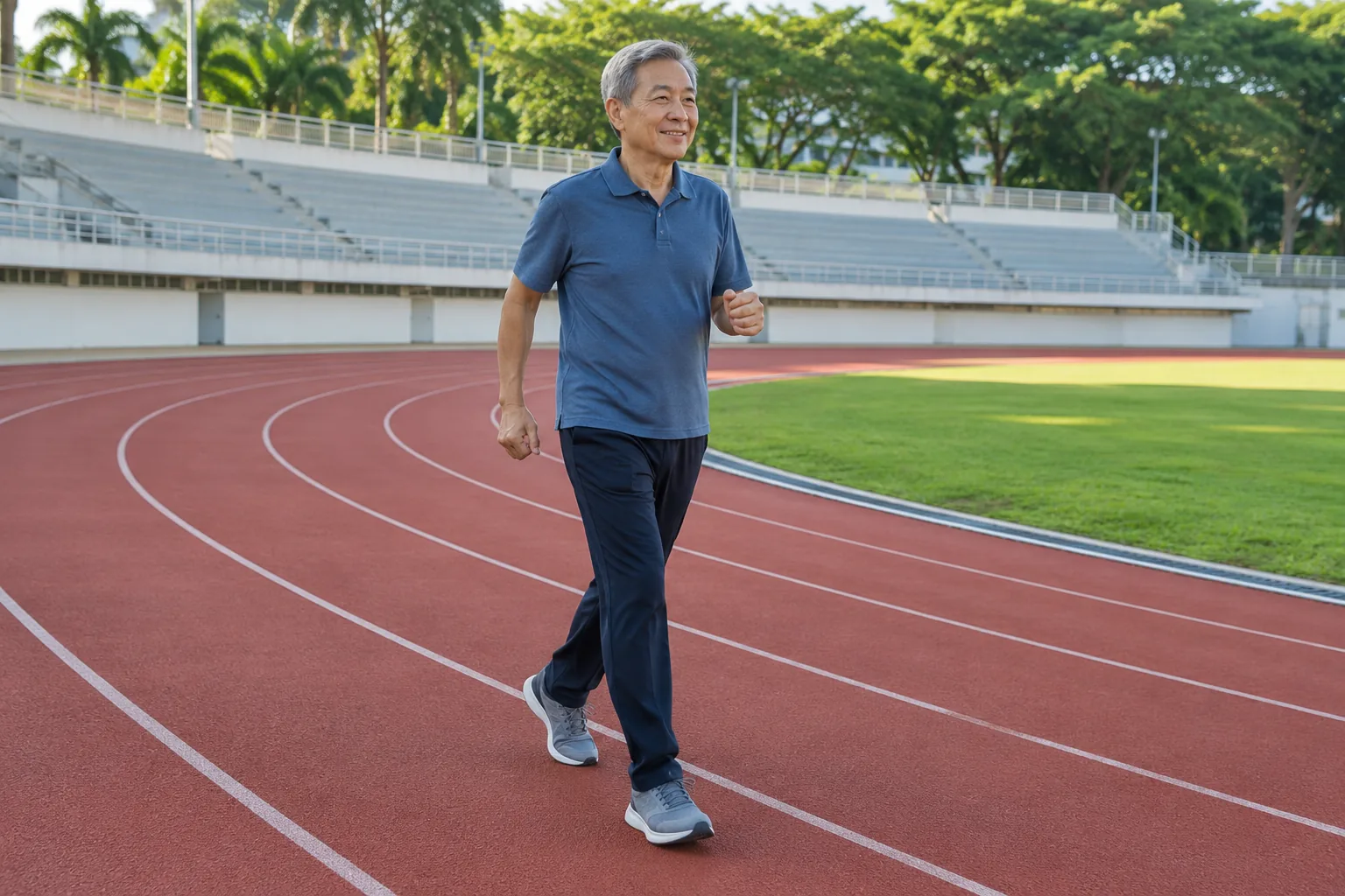 A Chinese man walks briskly around an empty stadium running track.