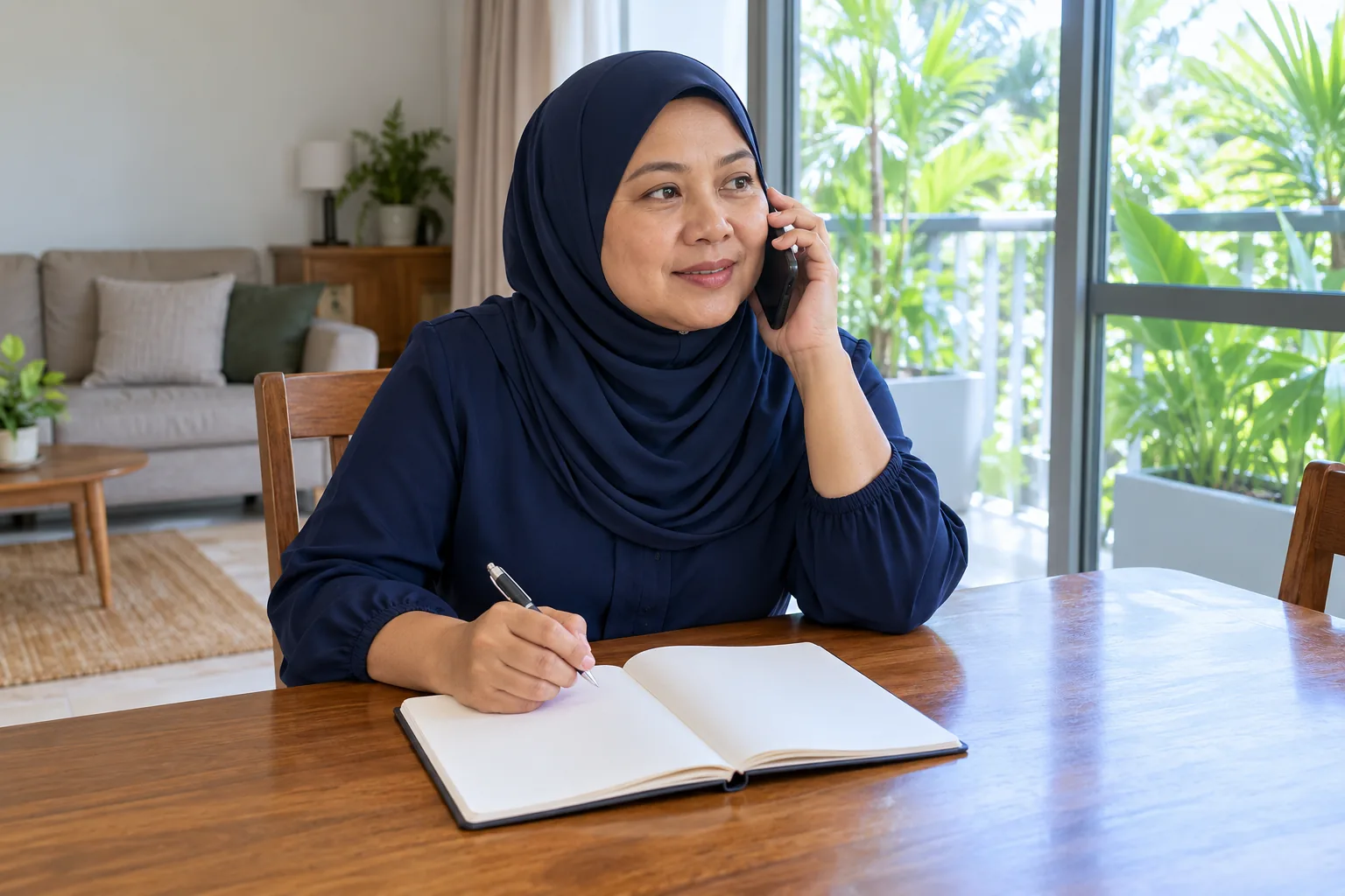 A woman speaks on a telephone at a dining table with an open notebook and pen in front of her.