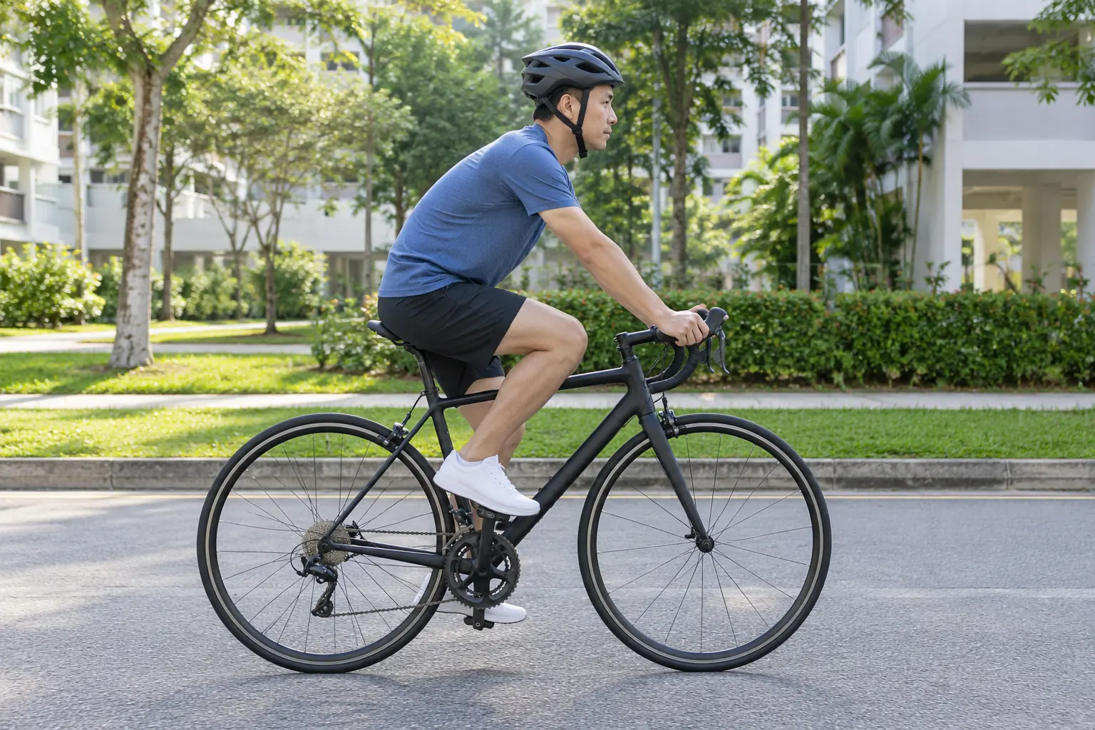 A man pedals a road bicycle along a quiet estate road with one knee at the top of the pedal stroke.