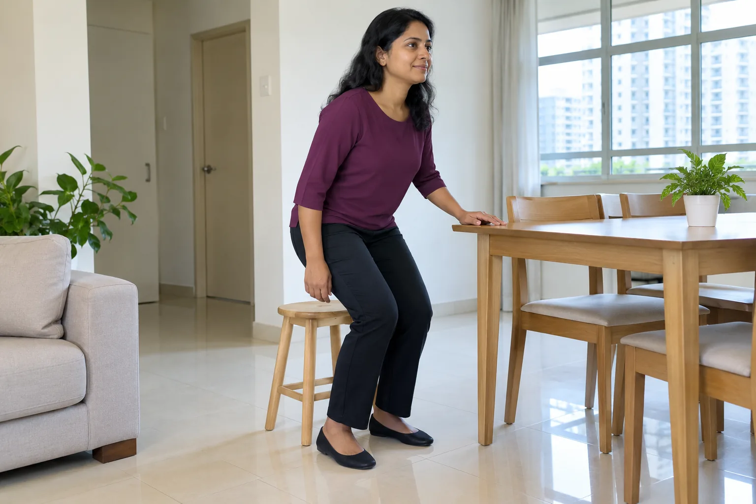 A woman rises from a low stool at home with one hand on the table edge and her knees bent.