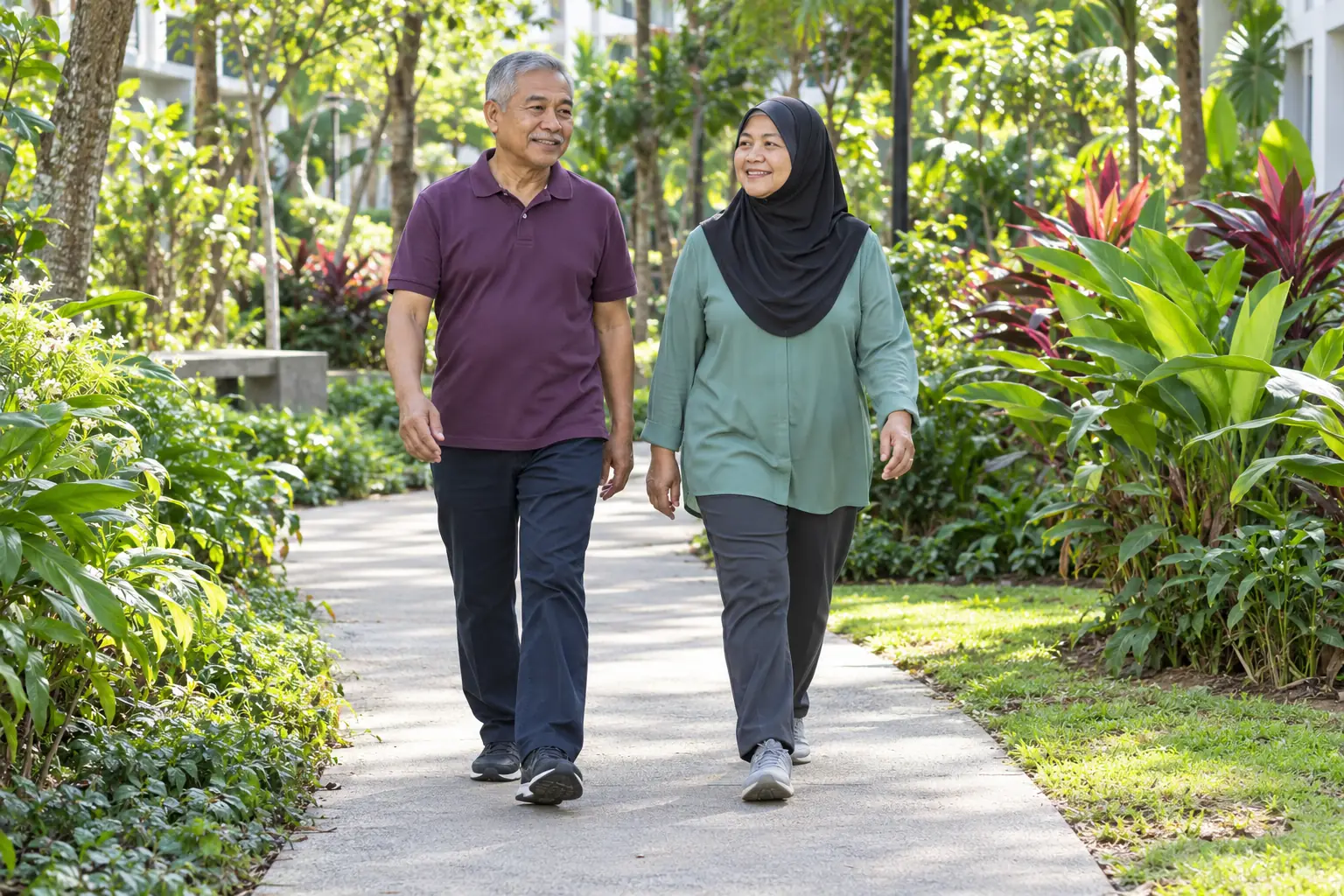 An older couple walk side by side through a neighbourhood garden.