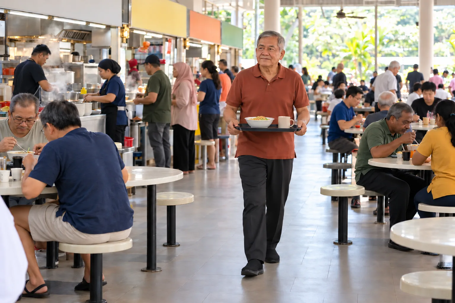 An older Singaporean man carries his breakfast tray through a bright, busy hawker centre with matching single-pedestal stools.