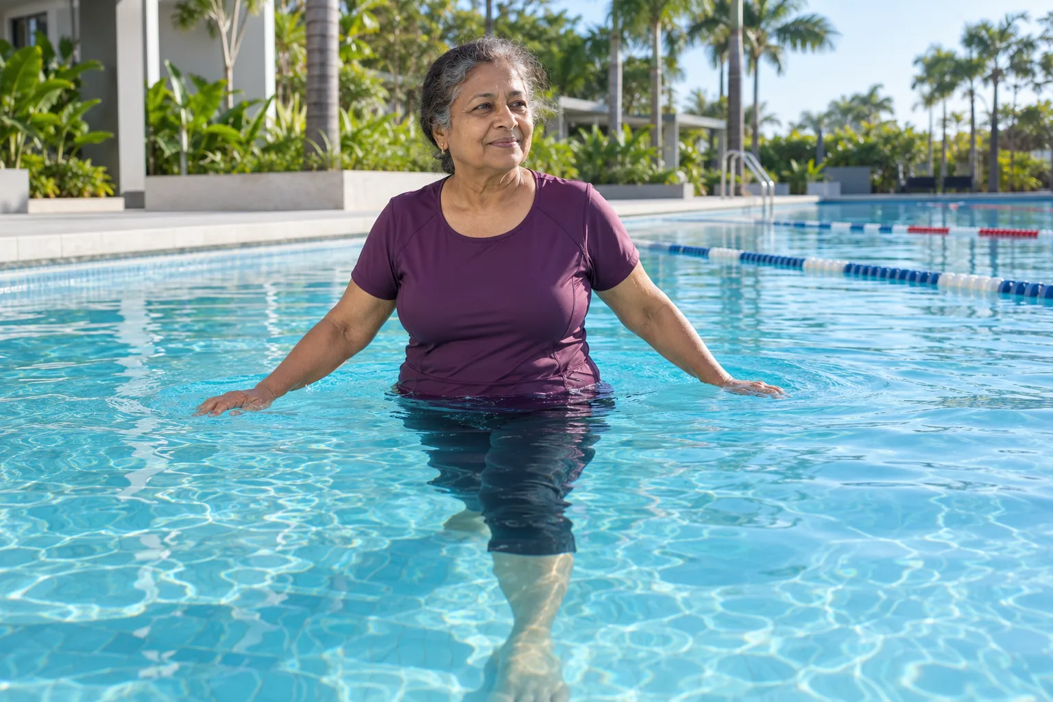 An Indian woman walks through the shallow end of a public swimming pool.
