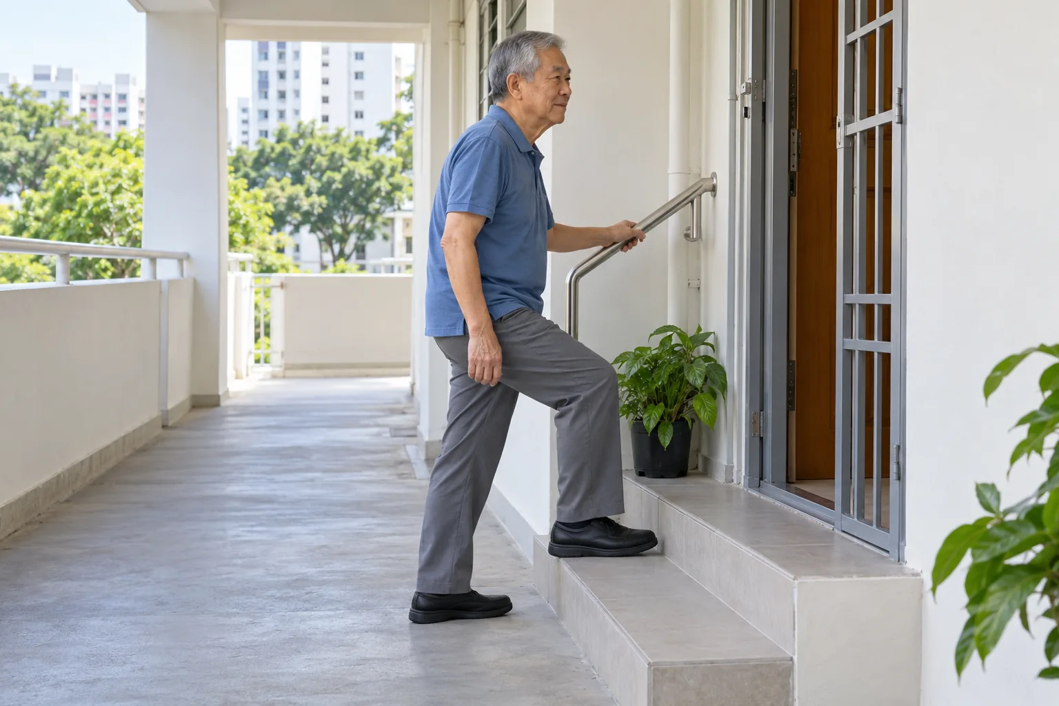 A Chinese man climbs two low steps into his HDB flat while holding the rail.