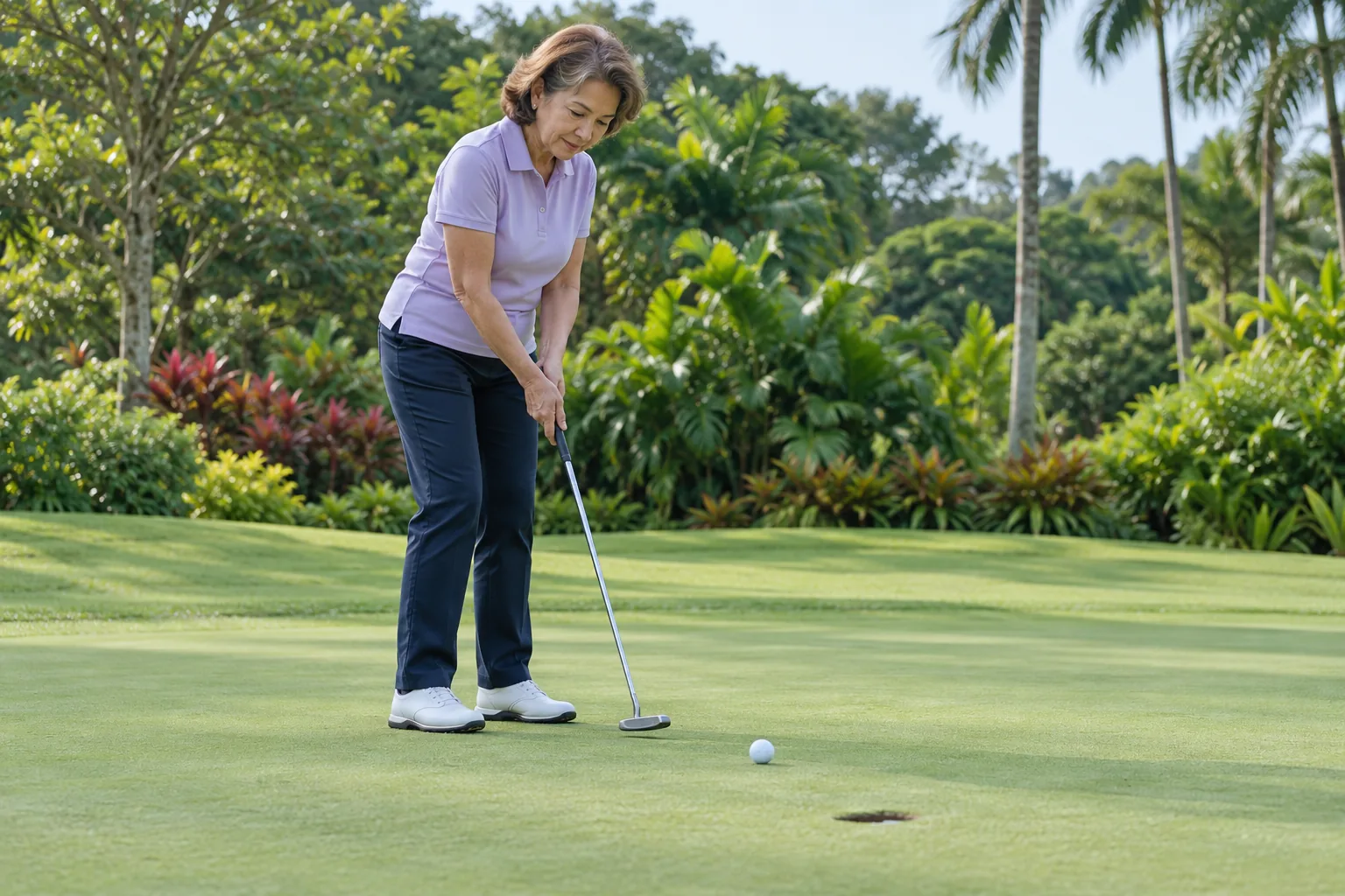 An older woman putts a golf ball towards a hole on a practice green.