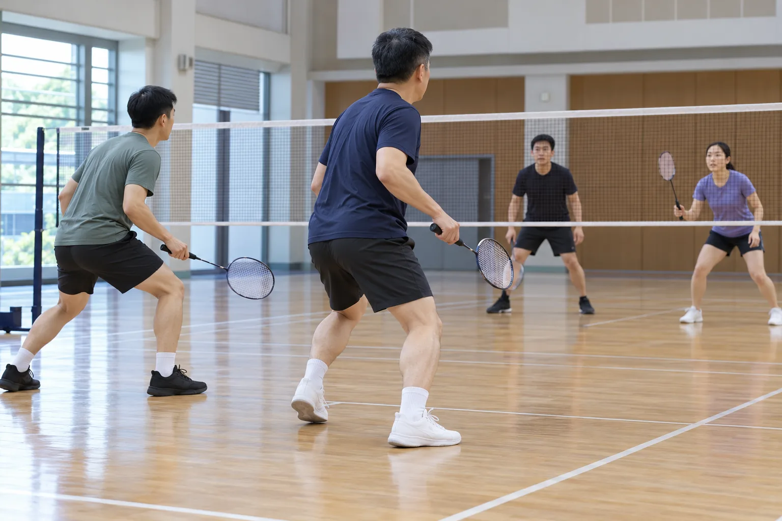 A man steps back into position with his knees bent during doubles badminton in a community hall.